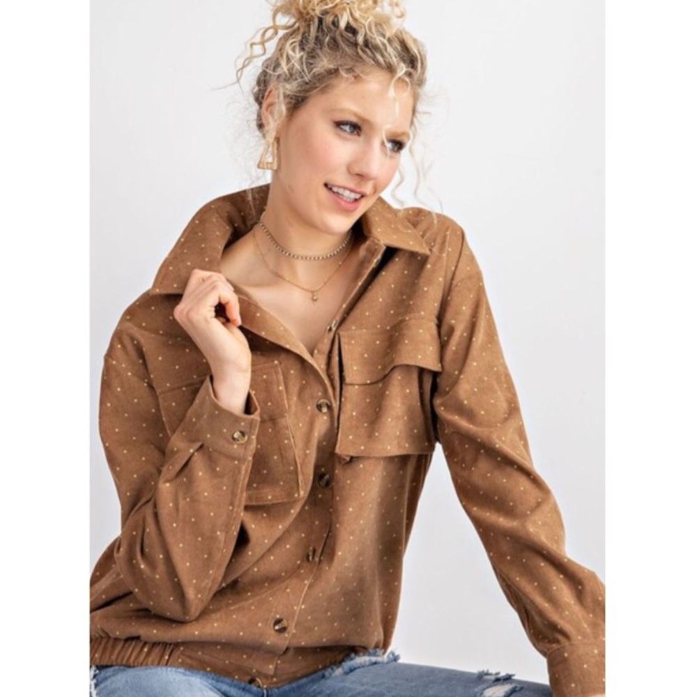 Adorable Camel Corduroy Jacket With Polka Dots